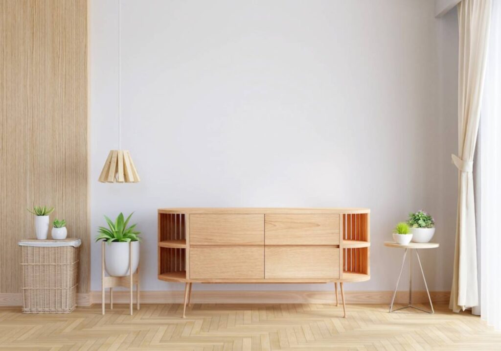 A minimalist living room featuring a wooden sideboard with plants