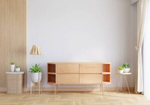 A minimalist living room featuring a wooden sideboard with plants