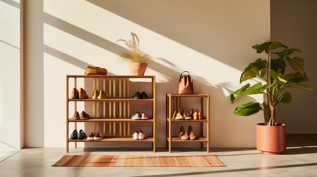 Stylish wooden shoe racks display various shoes