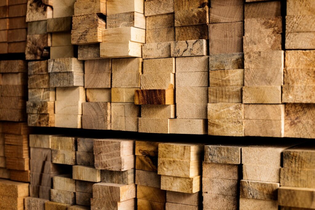 close-up view of neatly stacked wooden blocks