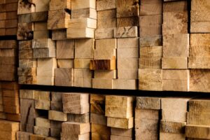 close-up view of neatly stacked wooden blocks