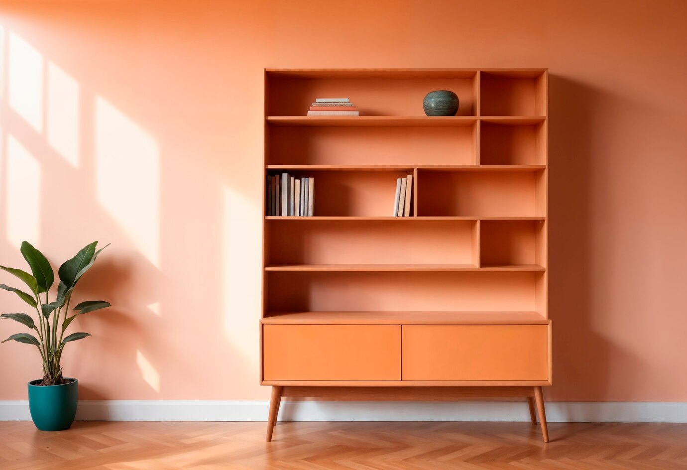 sleek, modern orange bookshelf against a matching wall, featuring books
