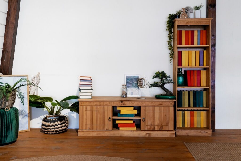 Modern living space featuring a wooden sideboard with colorful books