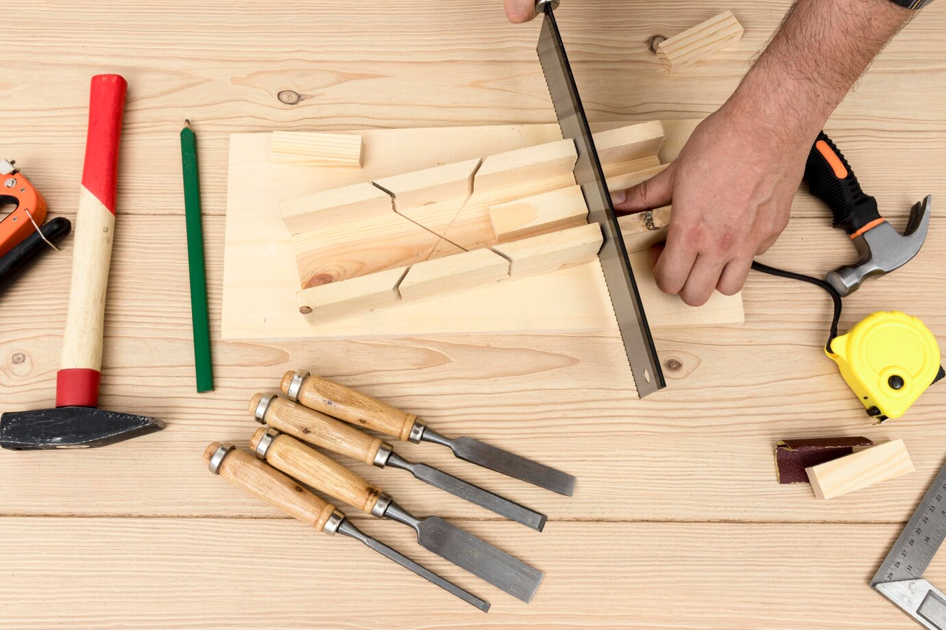 hand uses a saw on a wood block, surrounded by chisels, a hammer
