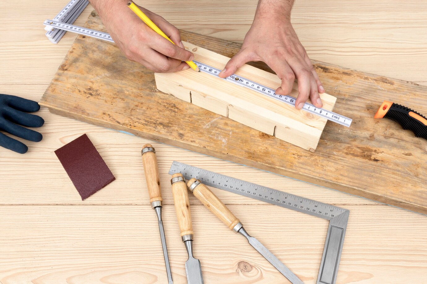 person's hand measures a wooden block with a ruler on a workbench
