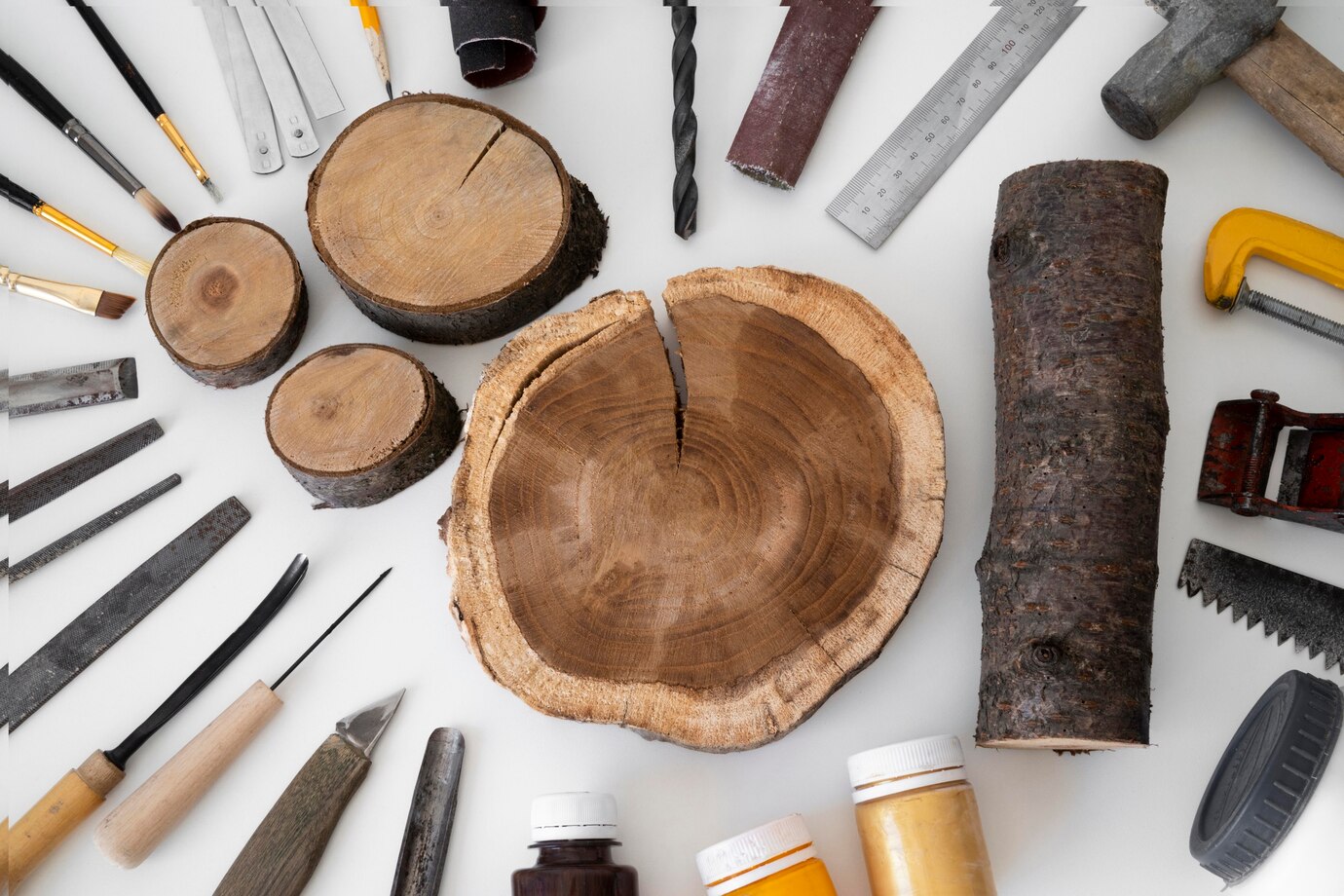 Flat lay of woodworking tools and logs, including brushes