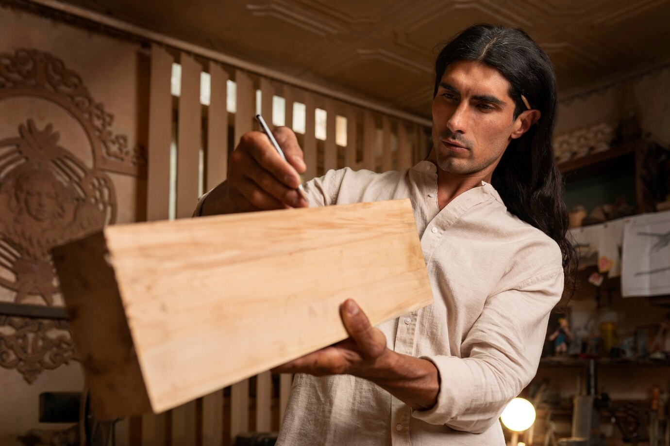 woodworker holds a wooden plank, focused on carving, with a workshop
