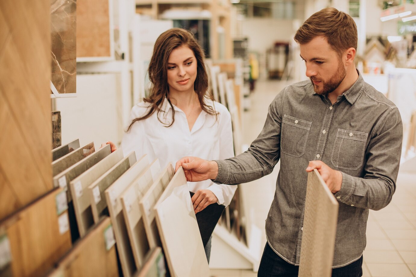  man in a denim shirt and a woman in a white blouse examine various wood