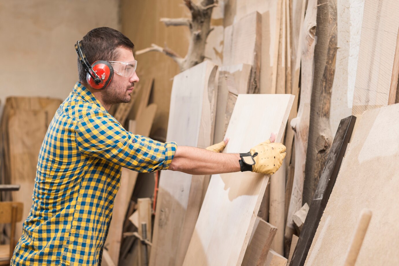 person in a checkered shirt and gloves adjusts a wooden board