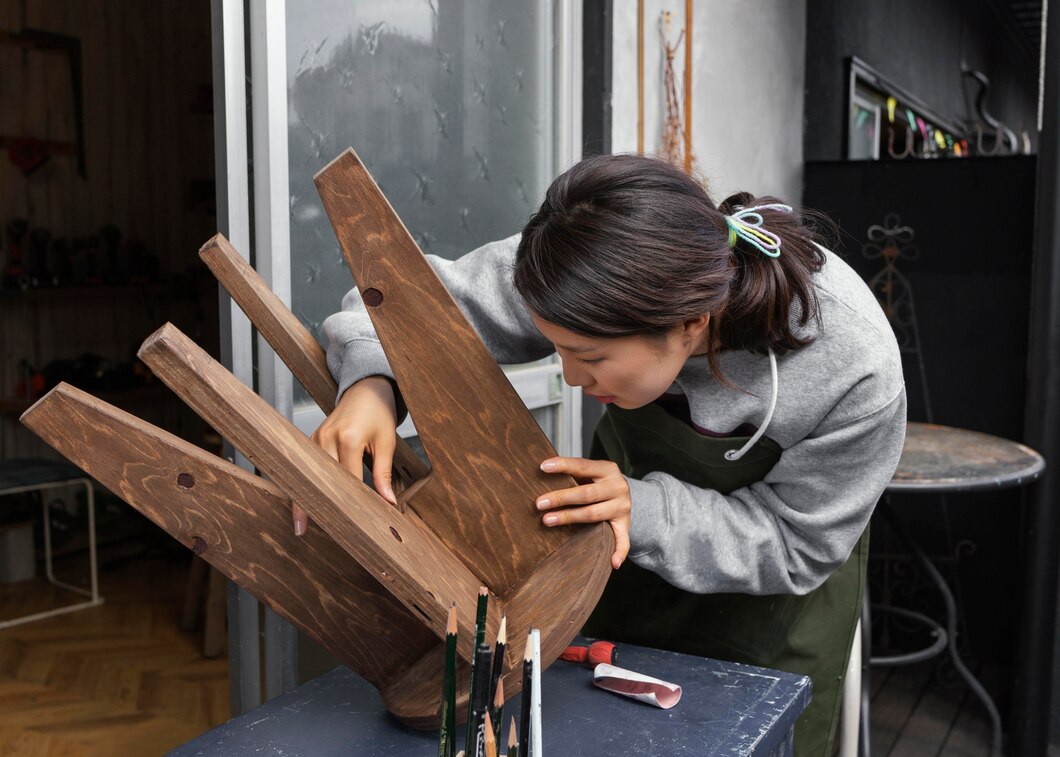 person works on assembling wooden furniture
