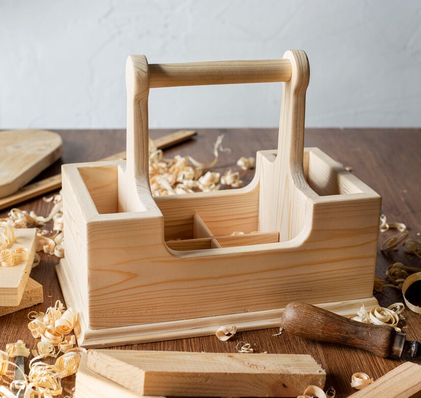 wooden toolbox with a handle, surrounded by wood shavings