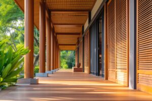 serene wooden walkway lined with tall columns