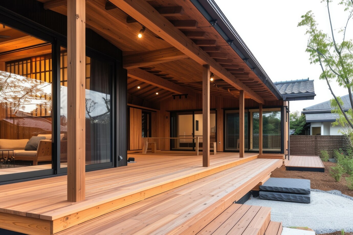 serene wooden walkway lined with tall columns