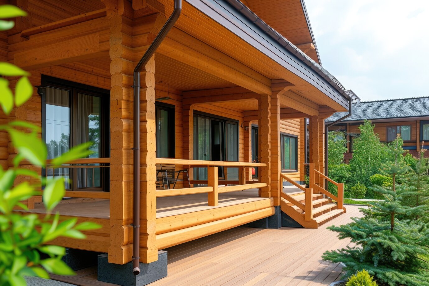 wooden porch of a log cabin, featuring a railing and stairs