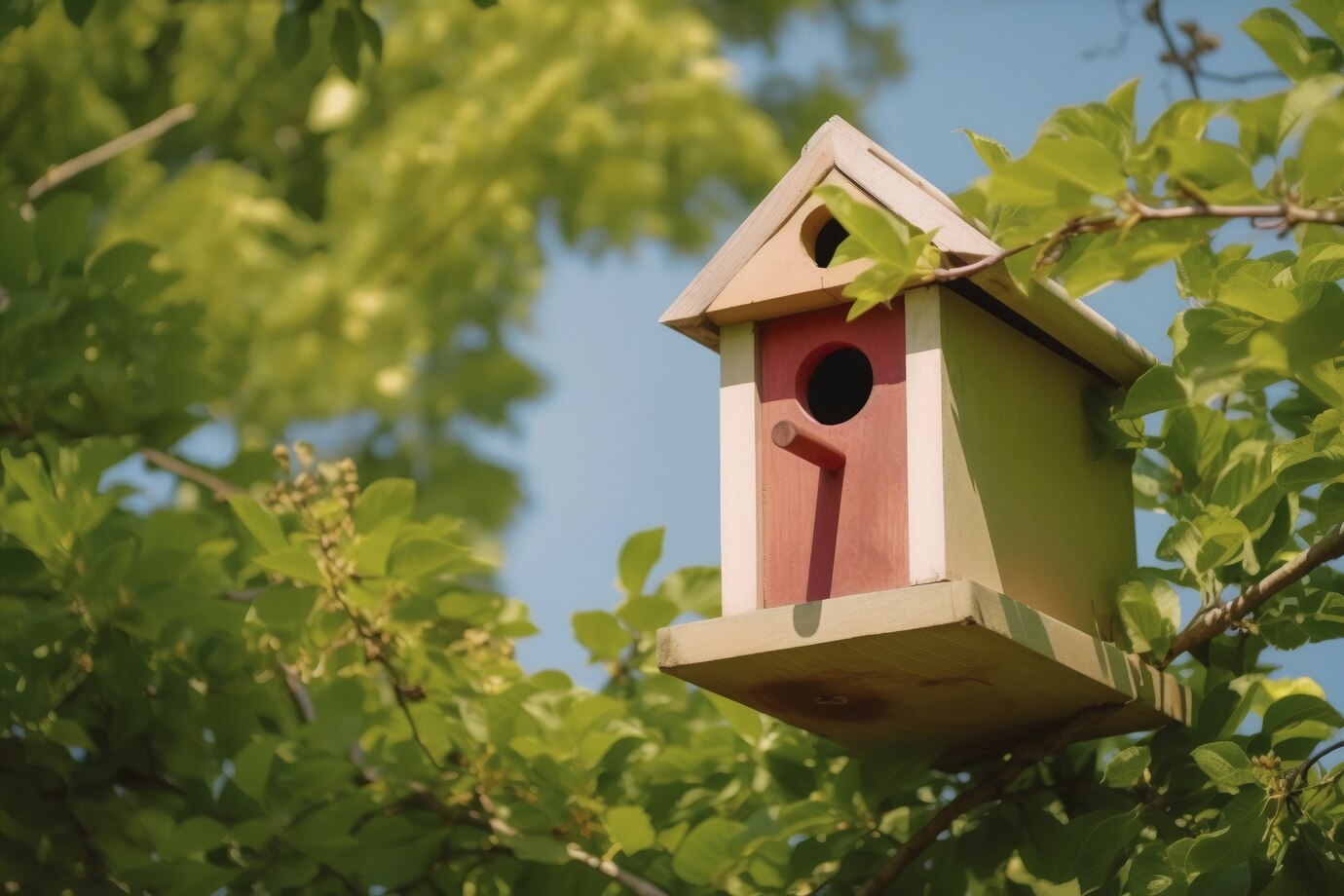 colorful birdhouse hangs from a branch