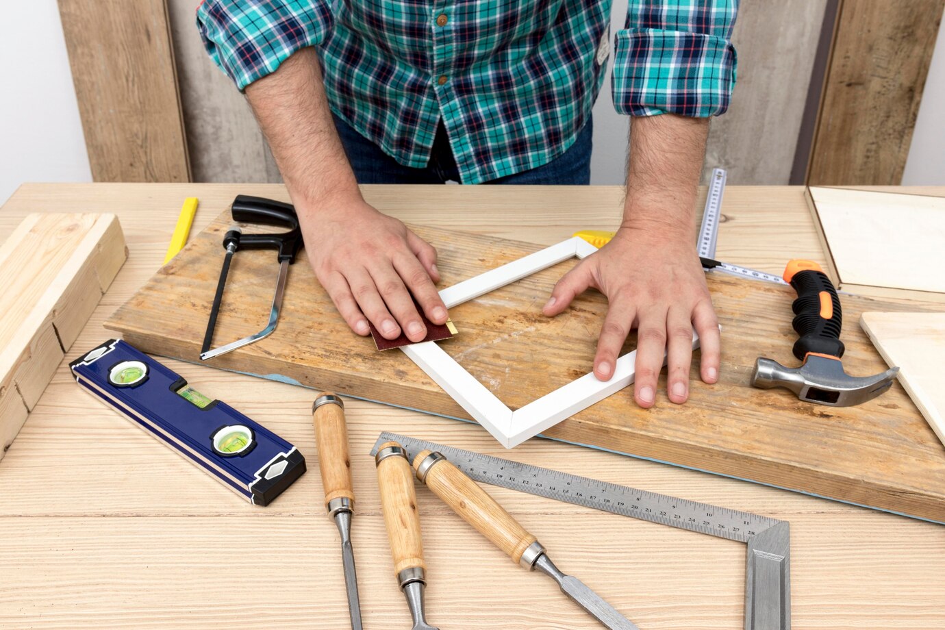 person in a plaid shirt sanding a white picture frame