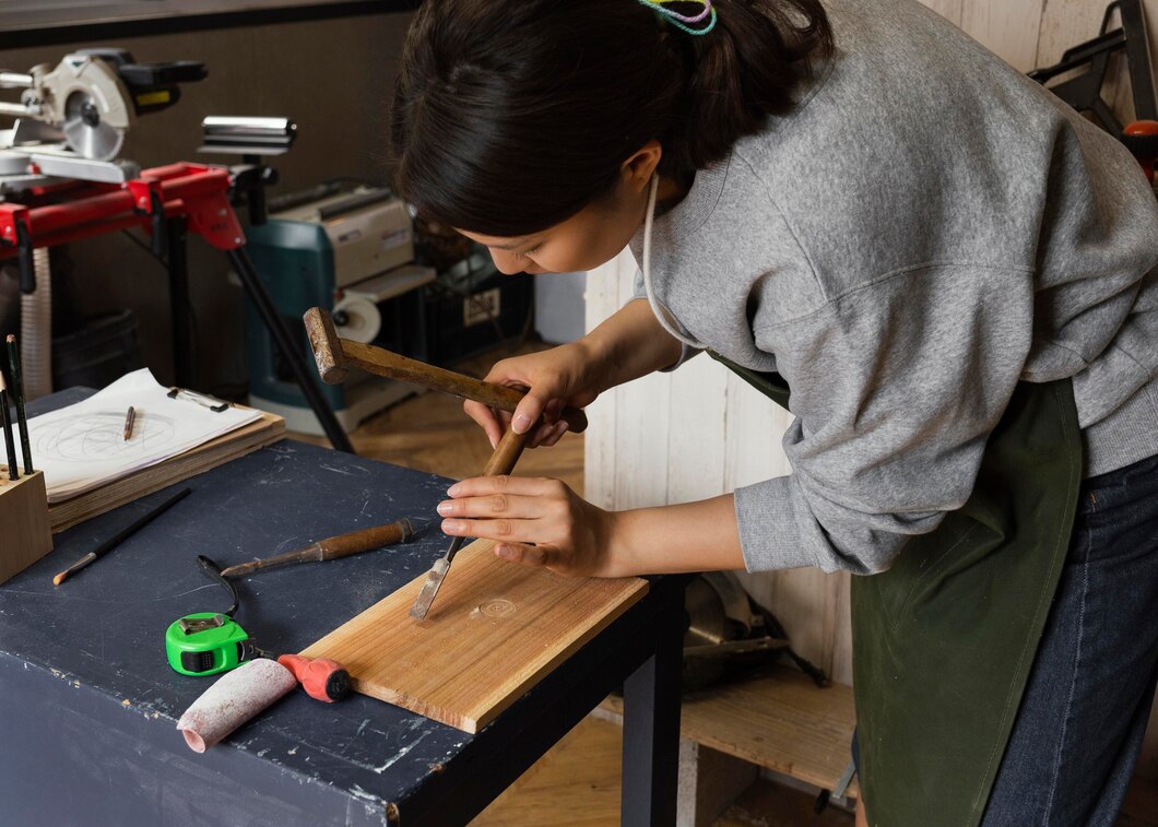 Woman carving wood in workshop