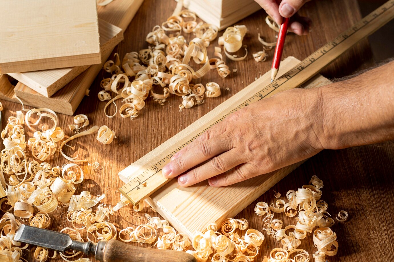 craftsman measures a wooden plank with a ruler, surrounded by wood shavings