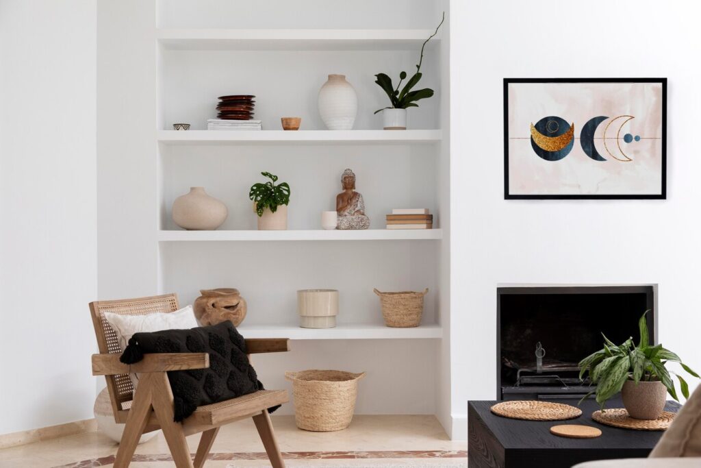 A cozy, minimalist living space featuring a wooden chair