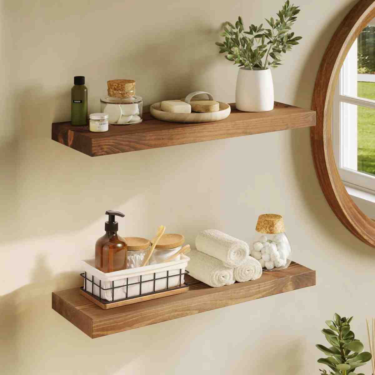 wooden shelves hold neatly arranged bathroom essentials