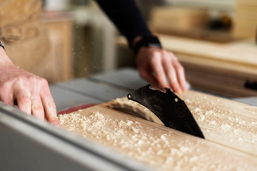  person's hand guiding a wood piece through a saw, creating wood shavings