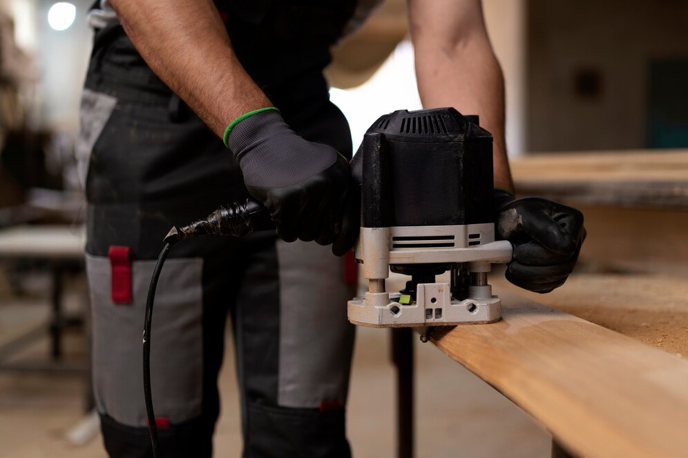 worker using a handheld router on a wooden plank, wearing gloves