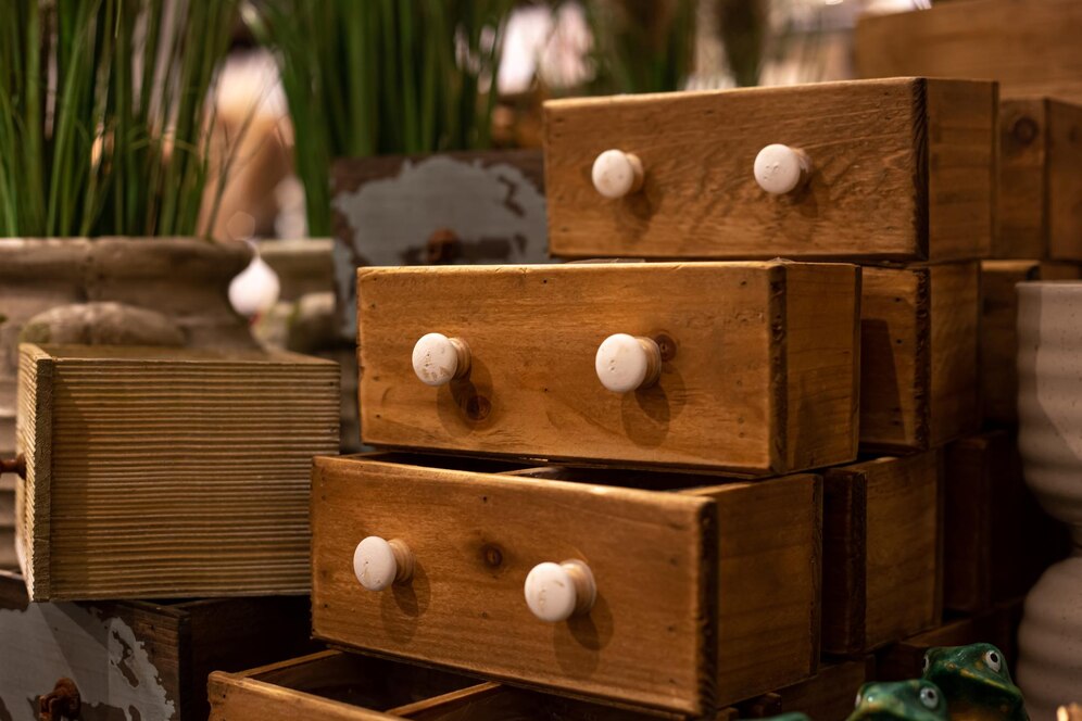 Stack of rustic wooden drawers with white knobs, surrounded by green plants