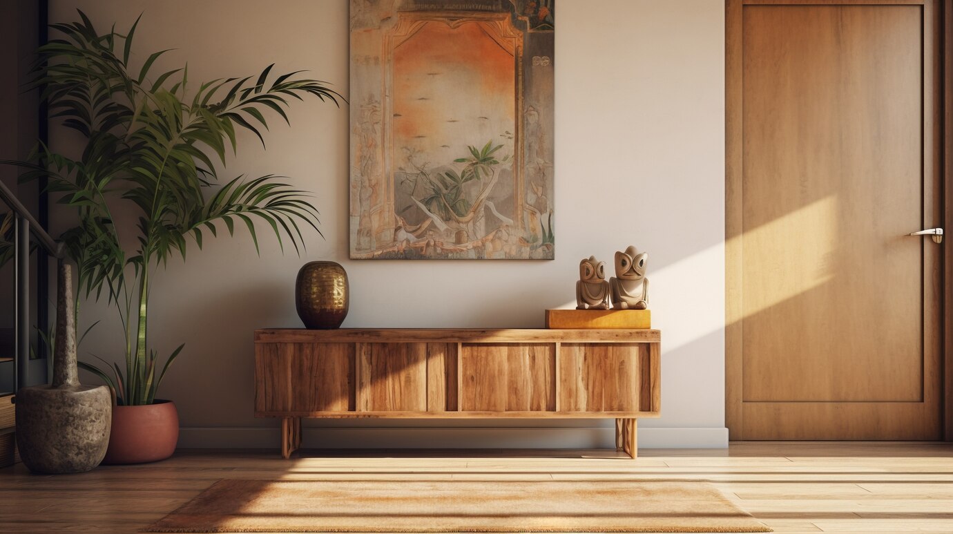 A cozy entryway features a wooden sideboard, potted plants