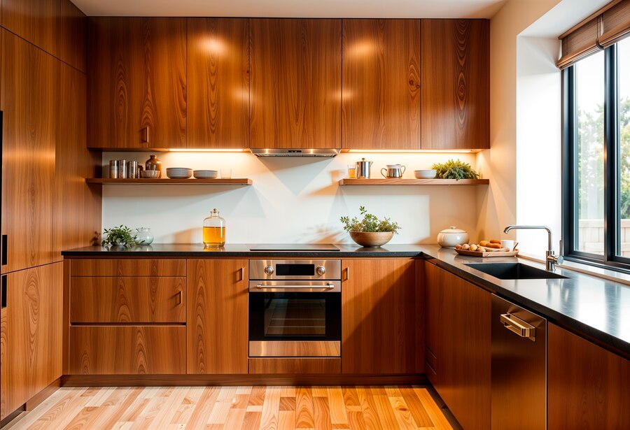 Modern kitchen featuring rich wooden cabinetry