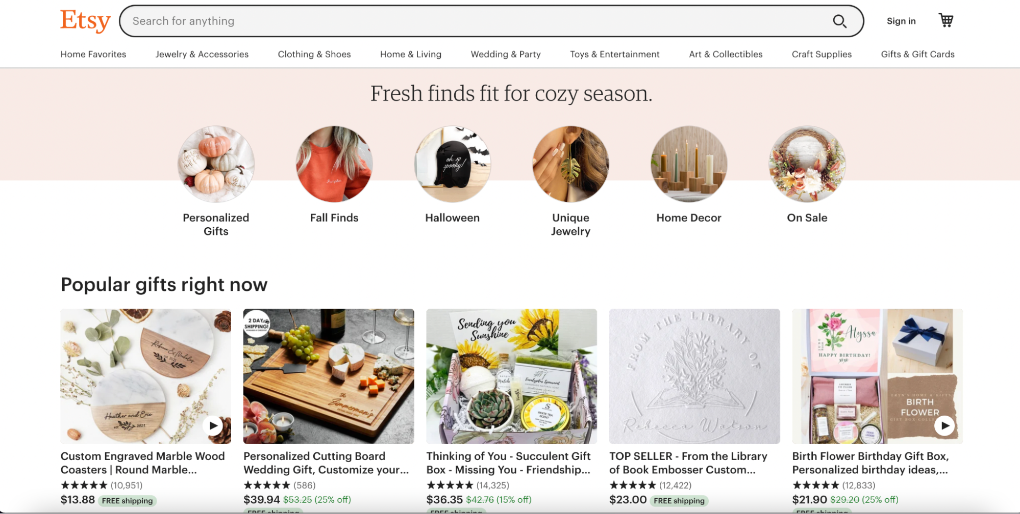 Etsy homepage showcasing personalized gifts, seasonal item