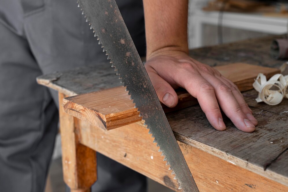 Close-up of a hand holding a wooden plank on a workbench, with a hand saw poised to cut, surrounded by wood shavings.