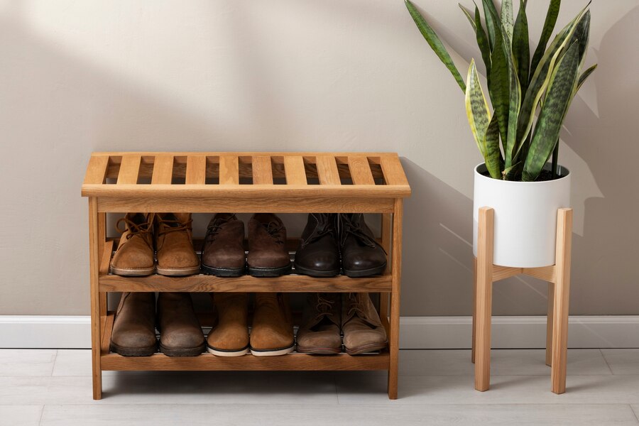 Wooden shoe rack with three rows of various shoes next to a tall potted snake plant in a white pot, against a light wall.