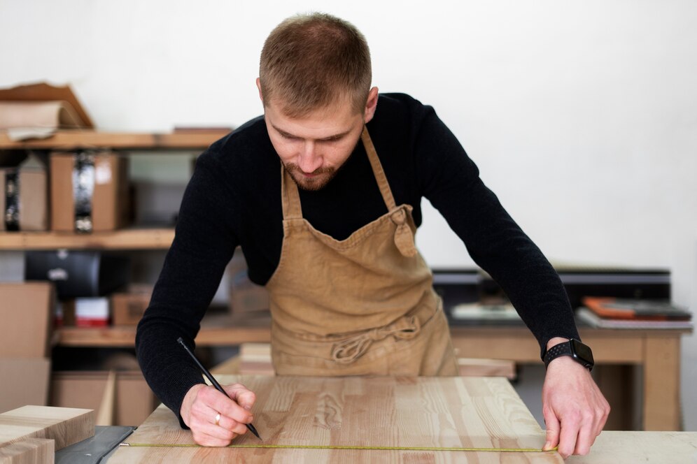 A person in an apron measuring and marking wooden planks on a workbench in a woodworking shop, surrounded by tools and materials.
