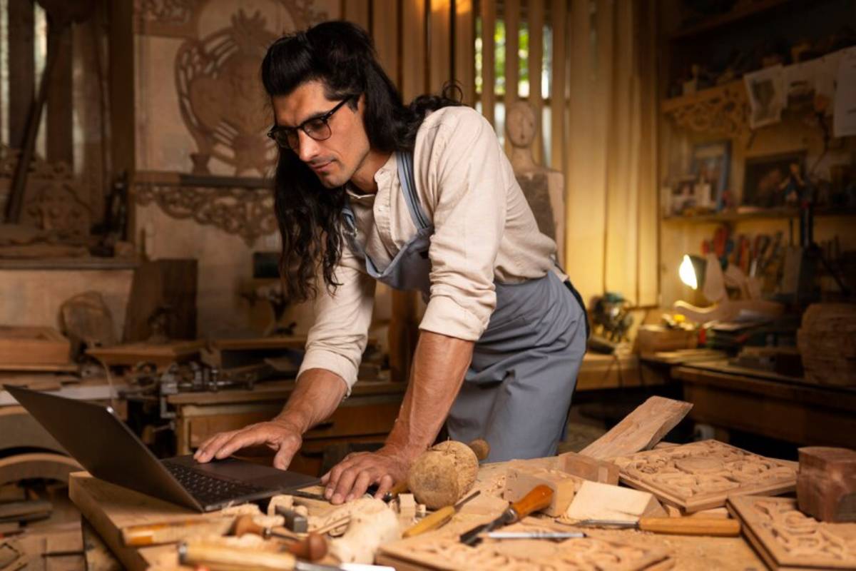 A person in a workshop using laptop for online business, surrounded by various woodworking tools and carved wooden pieces.