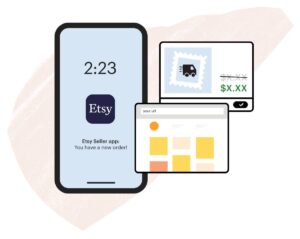 Smartphone displaying the Etsy Seller app notification for a new order, alongside shipping and sales details.