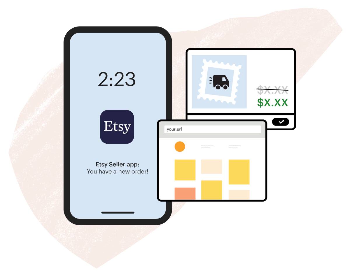 Smartphone displaying the Etsy Seller app notification for a new order, alongside shipping and sales details.