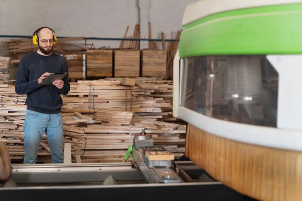 A worker in a woodshop stands with a tablet amidst stacks of wooden planks and a large machine in the foreground.
